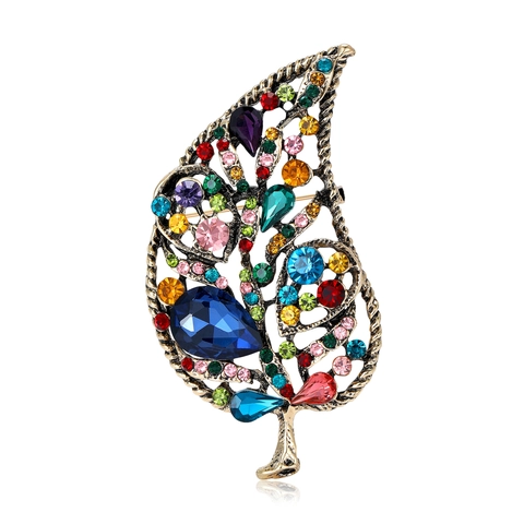 Vintage Crystal Glass Leaf Brooch Pin For Women Men Retro Rhinestone Inlaid Leaf Lapel Pin For Coat Suit Dress Fashion Jewelry