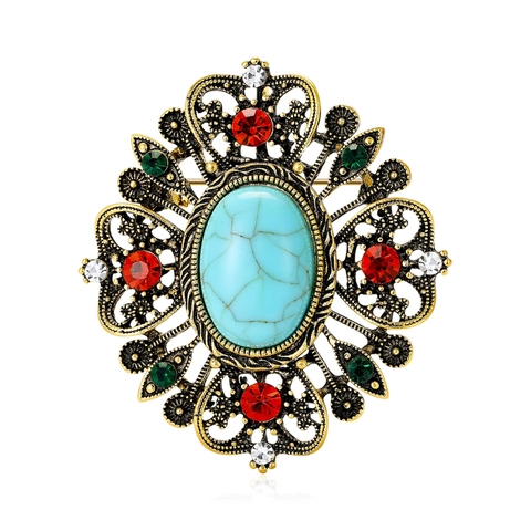 Vintage Barock Blume Brosche Für Damen Antik Gold Silber Plattiert Hohl Legierung Strass Künstliche Türkis Look Brustnadel