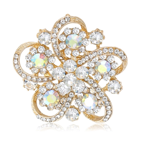 Elegant Alloy Hollow Flower Brooch For Women With Colorful AB Rhinestones Fashion Suit Overcoat Pin Jewelry Gift