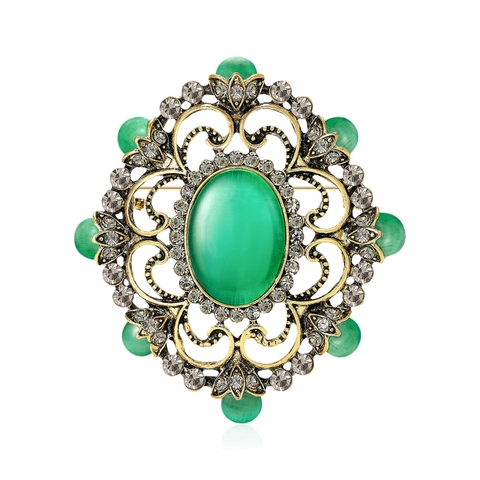 Broche Baroque Vintage Avec Pierre Œil de Chat Pour Femme Alliage Strass Filigrane Fleur Élégant Accessoire de Fête de Mariage