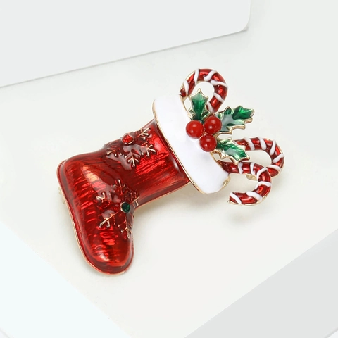 Broche en Alliage Émail Chaussette de Noël Sucre d'Orge Avec Strass Flocon de Neige Corsage de Fête pour Hommes Femmes