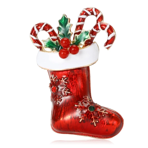 Broche en Alliage Émail Chaussette de Noël Sucre d'Orge Avec Strass Flocon de Neige Corsage de Fête pour Hommes Femmes
