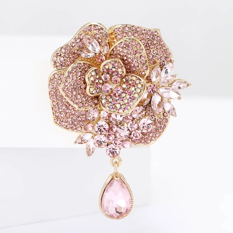 Vintage Alloy Peony Flower Brooch For Women Luxurious Rhinestone Floral Breastpin With Teardrop Pendant For Banquet Wedding Accessories