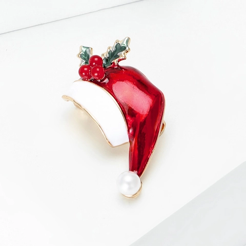 Spilla a Forma di Cappello di Natale per Unisex in Lega Perla Artificiale Smalto Spille Cappello Babbo Natale Agrifoglio Bacche Gioielli