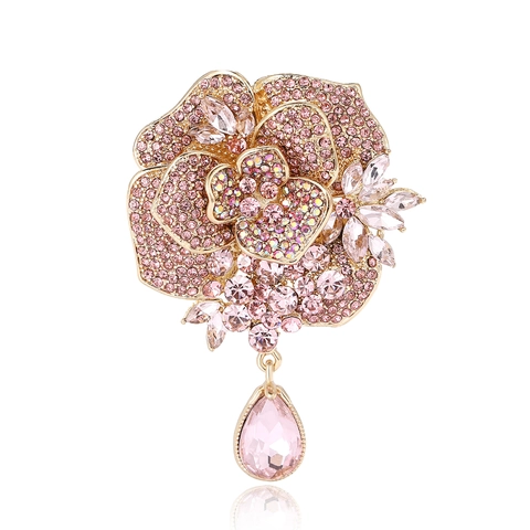 Vintage Alloy Peony Flower Brooch For Women Elegant Rhinestone Inlaid Floral Pin With Waterdrop Pendant For Wedding Banquet Party Jewelry