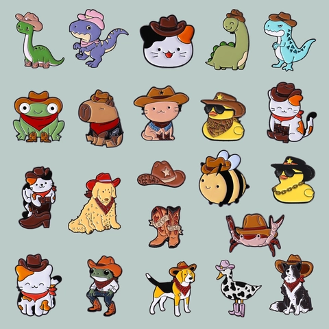 Spille in Smalto Animali Cartoni Animati Cowboy Lega di Zinco Cappello Western Dinosauro Gatto Capibara Distintivi Per Vestiti Zaino Gioielli Regalo