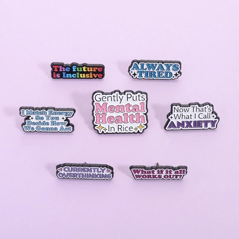 Cartoon Mental Health Enamel Pins Set Zinc Alloy Motivational Slogan Brooches Always Tired Anxiety Badge For Bag Clothes Jewelry