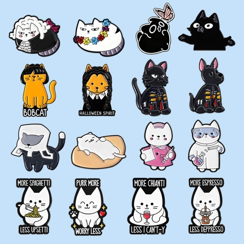 Cute Cartoon Cat Enamel Pins Funny Animal Brooches Zinc Alloy Halloween Wednesday Nurse Scientist Slogan Badges For Gift