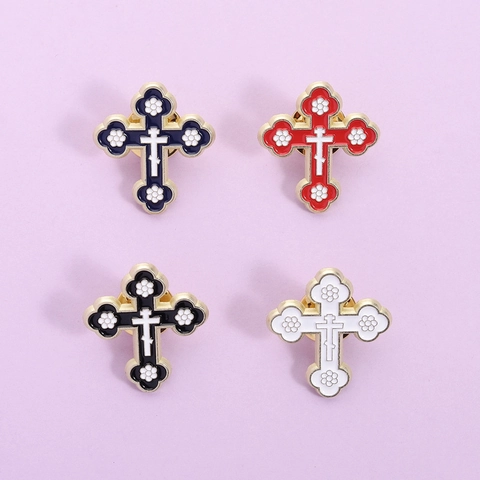 Vintage Zinklegierung Religiöses Kreuz Brosche Bunte Emaille Tropföl Orthodoxe Blumen Abzeichen Kleidung Deko Damen Herren