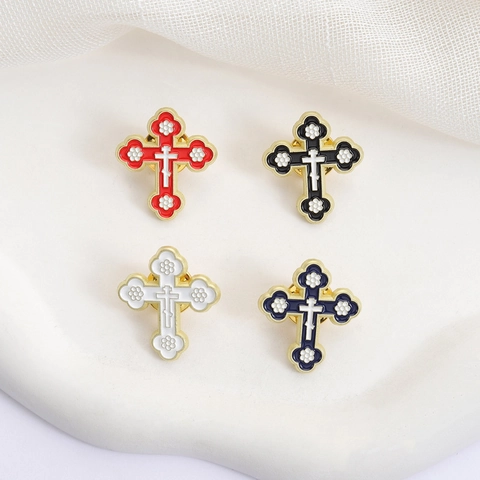 Spilla Croce Ortodossa Retrò in Smalto Distintivo Fiore Religioso Lega Placcata Oro Spilla da Bavero per Donna Uomo