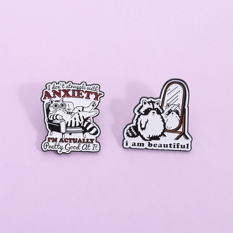 Juego de Broches de Esmalte de Dibujos Animados Creativos de Aleación de Zinc Mapache Gato Con Citas Humorísticas para Mochila Ropa Joyería