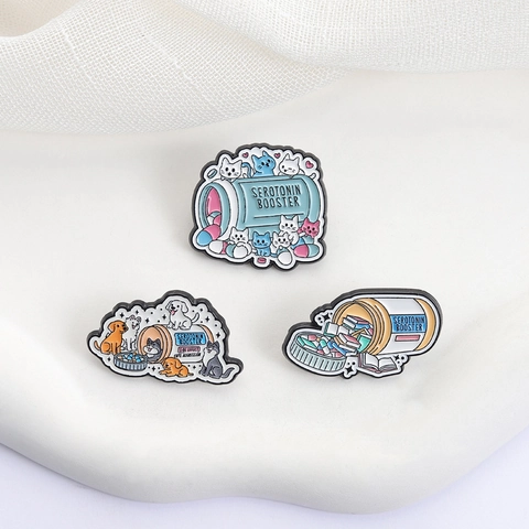 Creative Serotonin Booster Zinc Alloy Enamel Brooch Pins Cute Cartoon Cat Book Dog Medical Bottle Lapel Badge Pins Gift