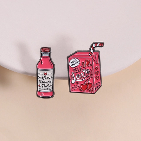 Cartoon Self Love Emaille Pin Set Saucenflasche Saftbox Brosche Inspirierend Rosa Metall Abzeichen Für Rucksack Hemd Zubehör