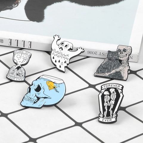 Gothic Punk Skeleton Enamel Brooch Pin Set Alloy Vintage Skeleton Cat Coffin Ghost Hourglass Badge For Clothing Backpack