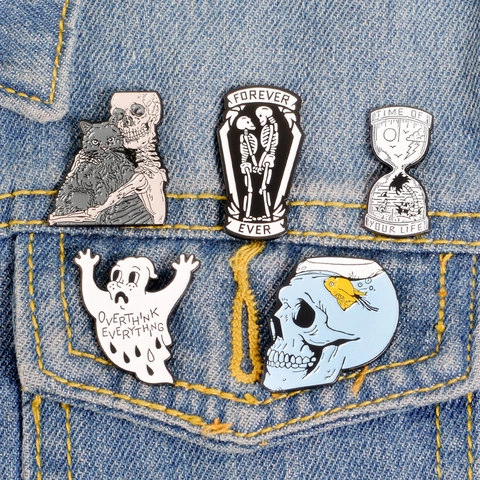 Gothic Punk Skeleton Enamel Brooch Pin Set Alloy Vintage Skeleton Cat Coffin Ghost Hourglass Badge For Clothing Backpack