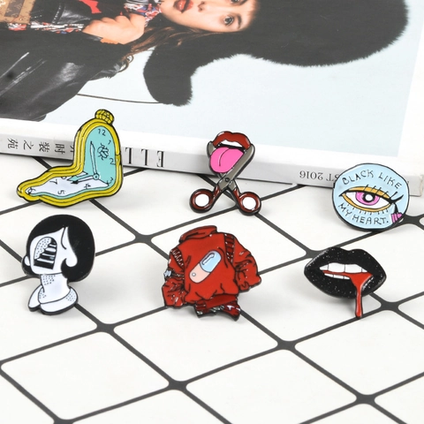 Surrealist Enamel Pin Brooch Melting Clock Red Jacket Eye Mouth Silhouette Alloy Badge For Clothing Backpack Accessories
