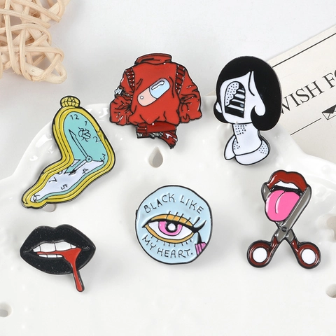 Surrealist Enamel Pin Brooch Melting Clock Red Jacket Eye Mouth Silhouette Alloy Badge For Clothing Backpack Accessories