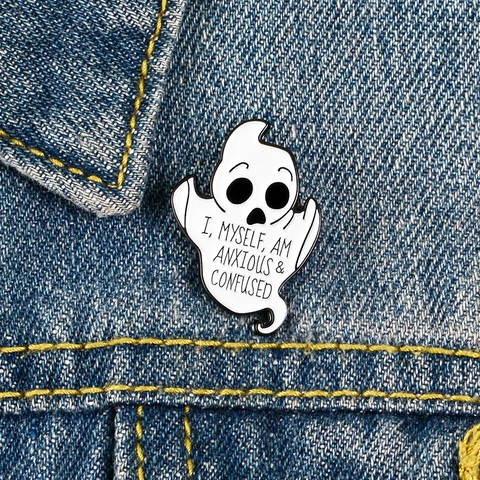 Cartoon Ghost Enamel Brooch Pin With Slogan I Myself Am Anxious And Confused Alloy Halloween Lapel Pin Backpack Jewelry