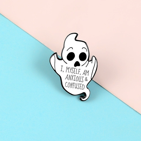 Divertido Broche de Esmalte de Fantasma Blanco Aleación Punk Vintage Pin Con Anxious Confused Slogan Para Mochila Ropa Joyería