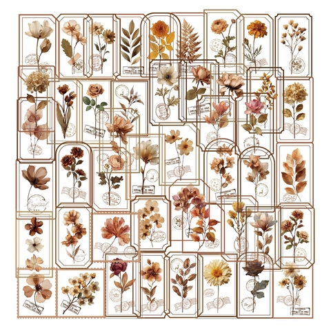Adesivi PET Botanici Vintage Decalcomanie Decorative con Fiori e Foglie Retrò per Scrapbooking Journaling DIY Artigianato Decorazione Album