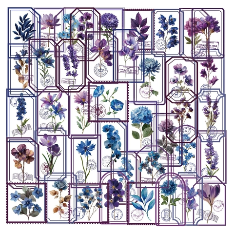 Adesivi in PET a Forma di Fiore Viola Vintage Decalcomanie Floreali Botaniche Impermeabili per Decorazione Scrapbooking Laptop