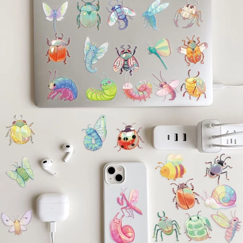 Set di Adesivi in PET Insetti Impermeabili Farfalle e Coleotteri Disegnati a Mano per Scrapbooking Laptop Journal Fai da Te