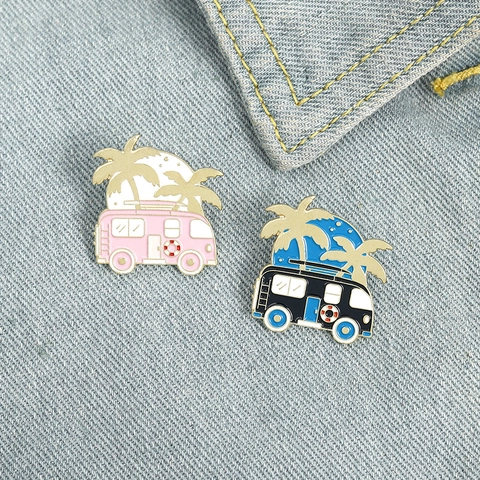 Kreative Cartoon Wohnmobil Emaille Pin Legierung Kokospalme Strand RV Brosche Personalisierte Sommer Reise Abzeichen Schmuck Geschenk