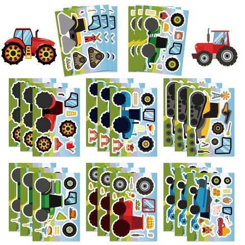 Juego de Pegatinas DIY para Niños Tractor de Dibujos Animados Vehículo de Ingeniería Hacer una Cara Impermeable PVC