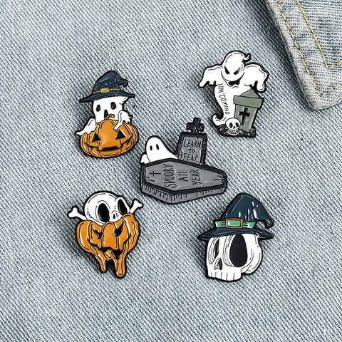 Creative Halloween Enamel Brooch Pin Set Cartoon Ghost Skeleton Pumpkin Zinc Alloy Badge Spooky Festive Costume Decoration Jewelry