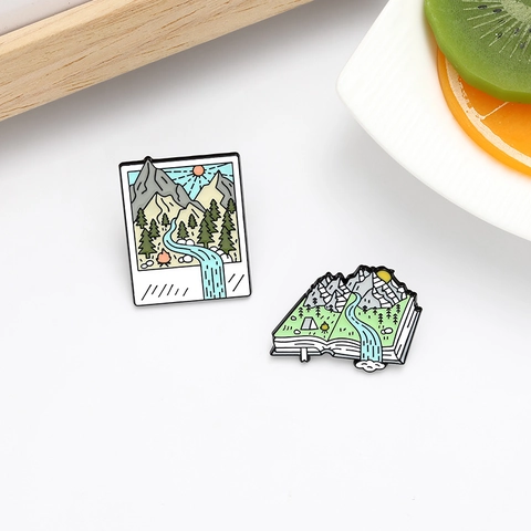 Creative Nature Scenery Enamel Brooch Pins Outdoor Hiking Landscape Mountain River Polaroid Book Shape Alloy Badge For Backpacks
