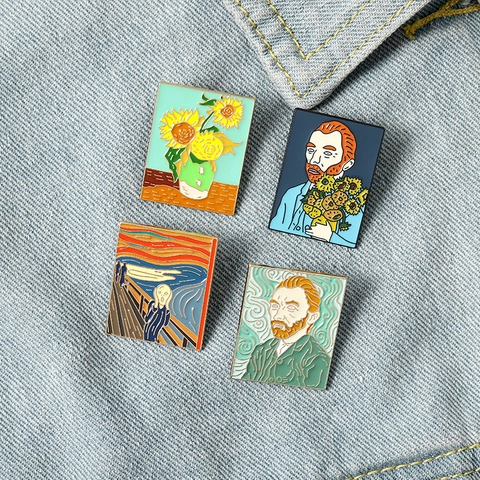Vintage Künstlerische Meisterwerk Emaille Brosche Pin Legierung Van Gogh Sonnenblumen Der Schrei Porträt Abzeichen Schmuck Für Damen Herren