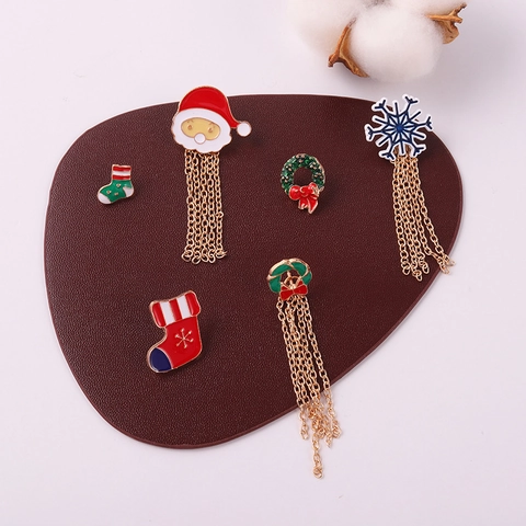 Alloy Enamel Christmas Brooch Earring Set Santa Claus Christmas Tree Snowflake Tassel Chain Rhinestone Jewelry For Women Gift
