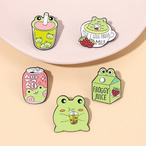 Schattige Cartoon Kikker Emaille Pin Metalen Badge Bubble Tea Soda Fles Koffiemok Grappige Dieren Broche Voor Rugzak Vrouwen Mannen Sieraden