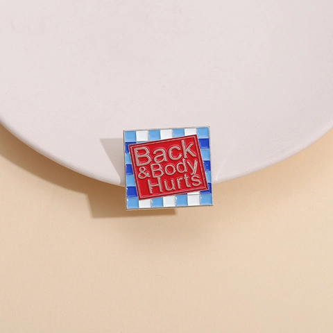 Back Body Hurts Alloy Enamel Square Brooch Checkered Border Red Lettering Humorous Badge Pin For Clothes Bags Jewelry