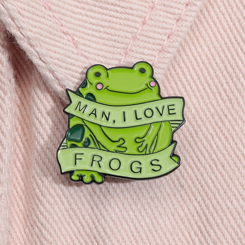 Simpatica Spilla Smaltata a Forma di Rana Verde Cartone Animato MAN I LOVE FROGS Divertente Spilla con Animale per Zaino