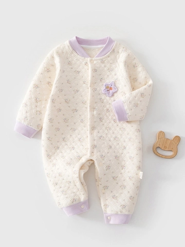 Tutina Neonato Trapuntata in Cotone a Maniche Lunghe con Stampa Floreale Chiusura con Bottoni a Pressione Autunno Inverno Pigiamino Caldo
