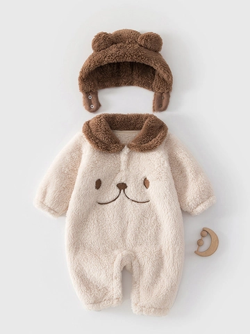 Grenouillère Bébé en Polaire Épaisse Hiver Combinaison Chaude à Capuche avec Oreilles Broderie Animale Vêtements Automne Hiver