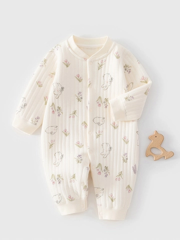 Tutina in Cotone Trapuntato Autunno Inverno per Neonato Tuta Calda a Maniche Lunghe con Stampa a Fiori e Coniglietto