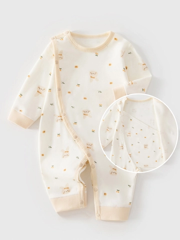 Barboteuse en Coton pour Nouveau-Né Boutonnage Simple Croisé Manches Longues Combinaison Bébé avec Imprimés Mignons