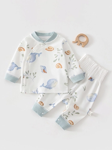 Baby Kleinkind 100% Baumwolle 2-Teiliges Kleidungsset Hohe Taille Bauchschutz Schlafanzug Cartoon Druck Langarm Top Und Hose