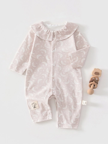 Pelele para Bebé Niña con Cuello de Volantes Manga Larga Algodón Estampado de Luna Mono Estilo Princesa Atuendo Recién Nacido