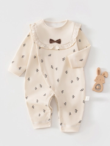 Newborn Baby Girls Long Sleeve Cotton Romper Ruffle Collar Bow Bird Print Jumpsuit Soft Autumn Winter Infant Bodysuit