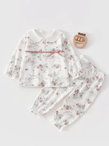 Baby Mädchen 100% Baumwolle Langarm Schlafanzug Set Einhorn Blumenmuster Süßer Peter-Pan-Kragen Top Und Hose 2-teiliges Outfit