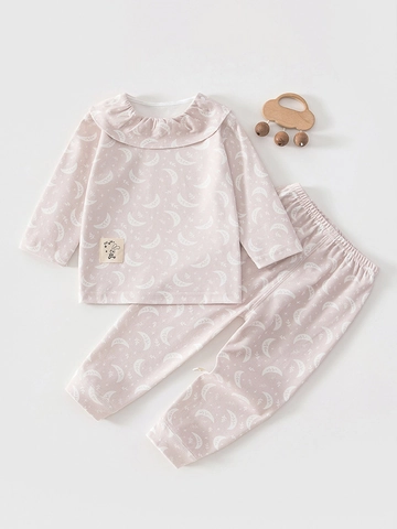 Vêtements de Détente en Coton Doux pour Bébé Fille Haut à Manches Longues et Pantalon à Col Volanté Imprimé Lune Étoile