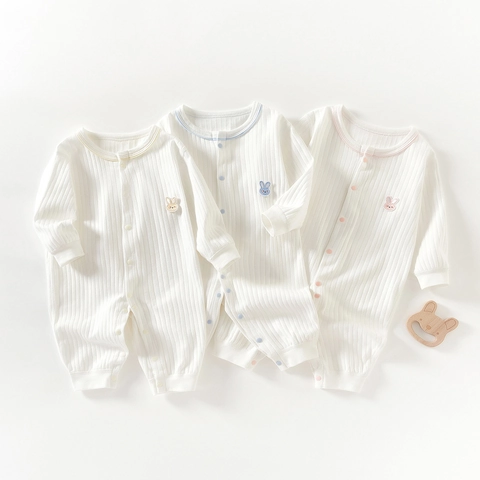 Infant Baby Long Sleeve Romper 100% Cotton Ribbed Knitted Jumpsuit Cute Rabbit Embroidery Bodysuit For Newborns Boys Girls