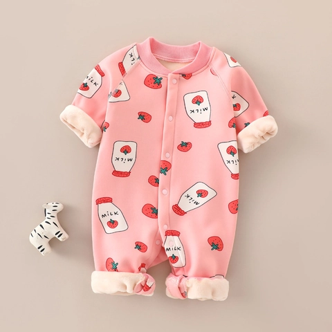 Barboteuse Bébé Doublée Polaire Manches Longues Imprimé Dessin Animé Combinaison Chaude Polyester Automne Hiver Vêtement