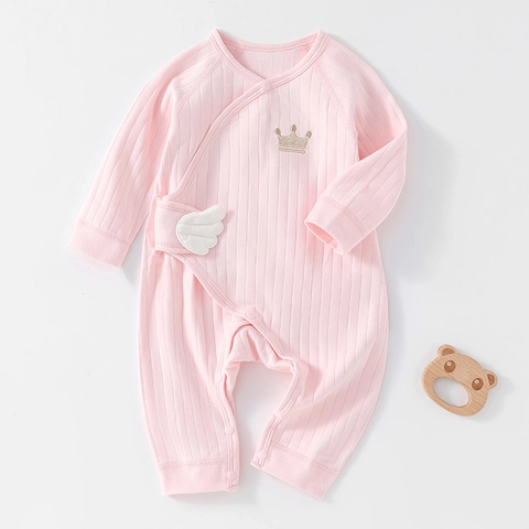 Newborn Baby Cotton Ribbed Romper Long Sleeve Jumpsuit With Crown Embroidery And Wings Decoration For Infants