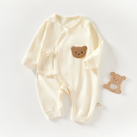 Newborn Baby Cotton Romper Boneless Kimono Bodysuit Long Sleeve Beige Jumpsuit With Cartoon Bear For 0-6 Months Infant