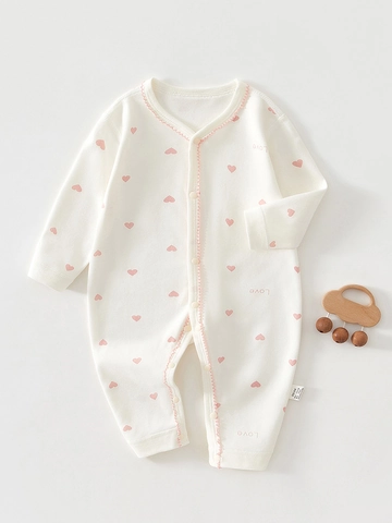 Mameluco de Manga Larga para Recién Nacido 100 Por Ciento Algodón Estampado Corazón Fresa Patrón Floral Mono para Bebés