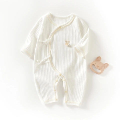 Newborn Baby Cotton Long Sleeve Romper Rabbit Embroidery Ribbed Side Tie Kimono Jumpsuit Breathable Infant Bodysuit Soft Pajamas